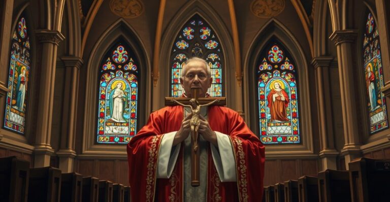 Rektor kościoła katolickiego z tradycyjnym ołtarzem i kapłanem w liturgicznych szatach, symbolizujący wierność katolickiej prawdzie i tradycji