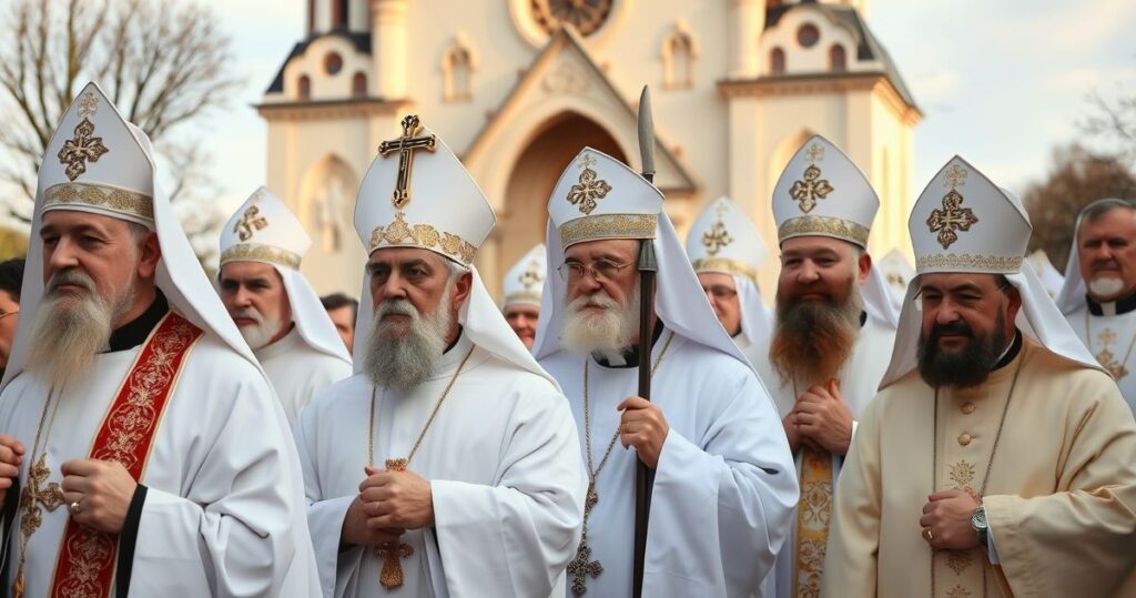 Zdjęcie realistyczne ukazujące tradycyjny katolicki korowód w Polsce, z kapłanami w liturgicznych szatach przed starym kościołem, ukazujące wierność prawdziwemu nauczaniu Kościoła