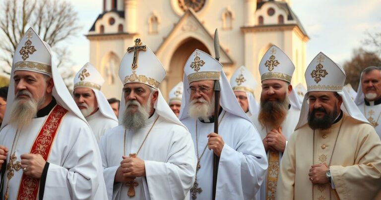 Zdjęcie realistyczne ukazujące tradycyjny katolicki korowód w Polsce, z kapłanami w liturgicznych szatach przed starym kościołem, ukazujące wierność prawdziwemu nauczaniu Kościoła