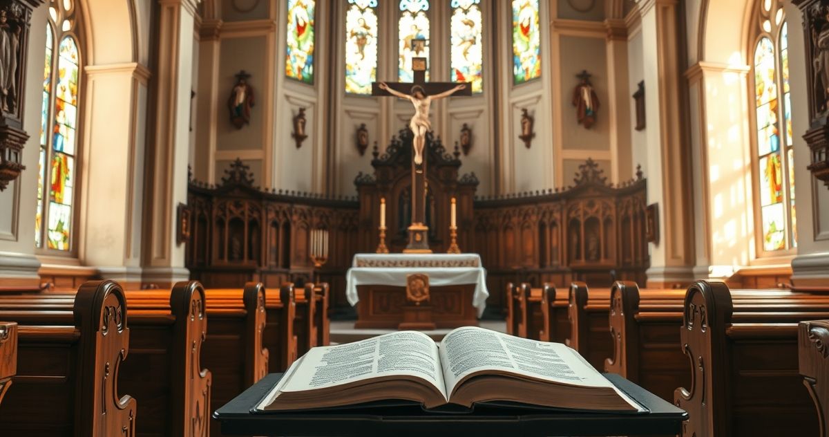 Rewerentny obraz tradycyjnego katolickiego wnętrza kościoła z krucyfiksem i Biblią na ołtarzu, symbolizujący wiarę i tradycję katolicką.