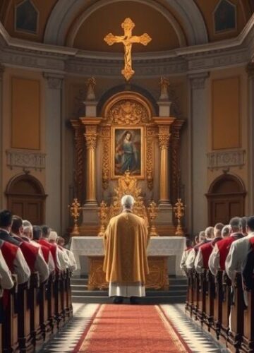 Tradycyjny katolicki kościół z duchownymi w liturgii sprzed Soboru Obraz realistycznego, tradycyjnego katolickiego wnętrza kościoła z duchownymi w strojach sprzed Soboru Watykańskiego II, podkreślający pobożność i autentyczną wiarę katolicką