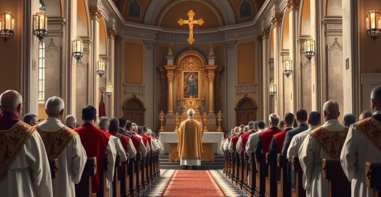 Tradycyjny katolicki kościół z kapłanem podczas liturgii, ukazujący głęboką pobożność i ortodoksję w kontekście kontrowersji wobec modernistycznych tendencji