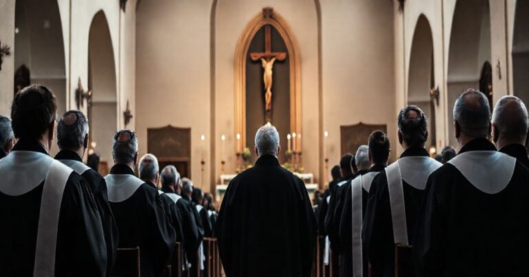 Obraz przedstawiający tradycyjny katolicki kościół z kapłanami w modlitewnej postawie podczas uroczystej liturgii, symbolizujący wierność prawdziwej wierze katolickiej