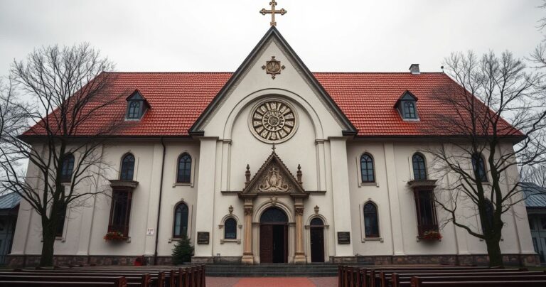 Tradycyjny katolicki kościół z kapłanem trzymającym krzyż, wierni modlący się w głębi, skupienie na wierze i sakramentach, realistyczne i pełne szacunku zdjęcie