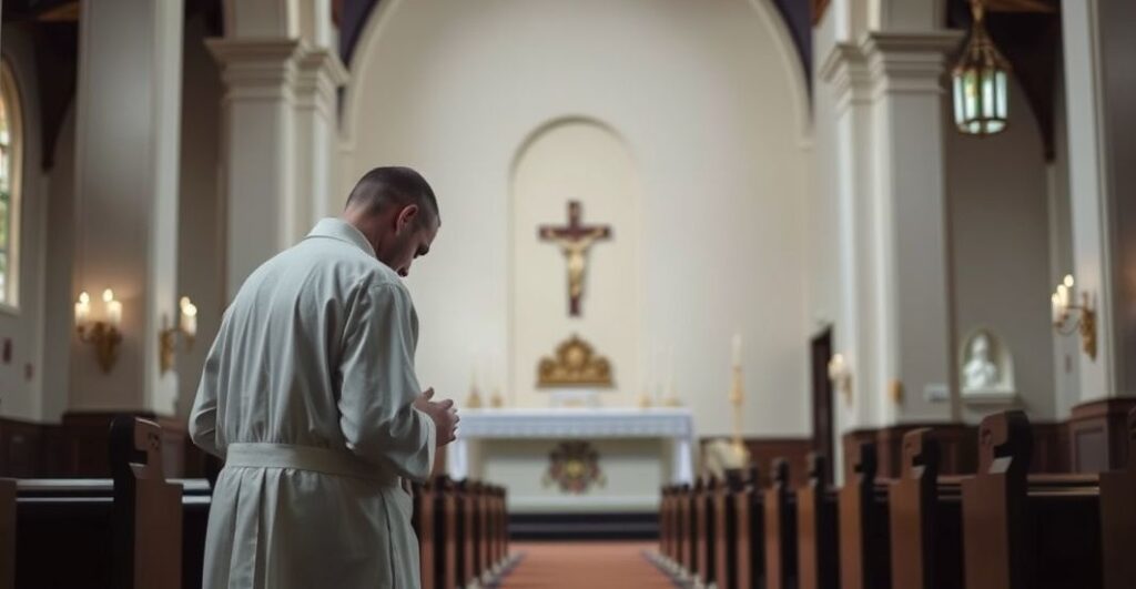 Obraz ukazujący tradycyjny katolicki kościół z ołtarzem, wiernego modlącego się w głębi, ukazujący szacunek i powagę liturgii w kontekście krytyki ekumenistycznych tendencji