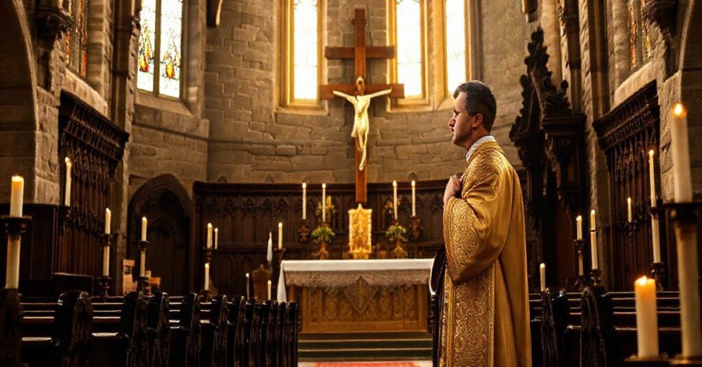 Tradycyjny katolicki kościół z kapłanem modlącym się przy krzyżu, podkreślający powagę i czystość liturgii bez nowoczesnych elementów