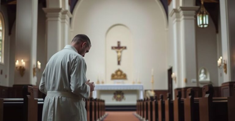 Obraz ukazujący tradycyjny katolicki kościół z ołtarzem, wiernego modlącego się w głębi, ukazujący szacunek i powagę liturgii w kontekście krytyki ekumenistycznych tendencji