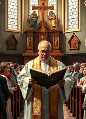 Tradycyjna katolicka scena w kościele podczas nabożeństwa Reverent Catholic priest czytający Pismo Święte w tradycyjnej świątyni, skupiona wspólnota wiernych