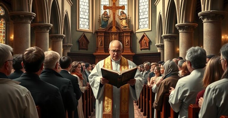 Reverent Catholic priest czytający Pismo Święte w tradycyjnej świątyni, skupiona wspólnota wiernych