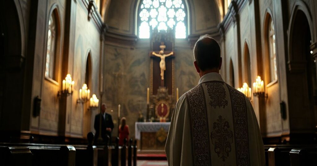 Obraza w tradycyjnej katolickiej świątyni z kapłanem w ornatach, modlitwą przed ołtarzem, wyraźnie ukazująca głęboką pobożność i wierność nauczaniu katolickiemu z sedevacantistycznego punktu widzenia