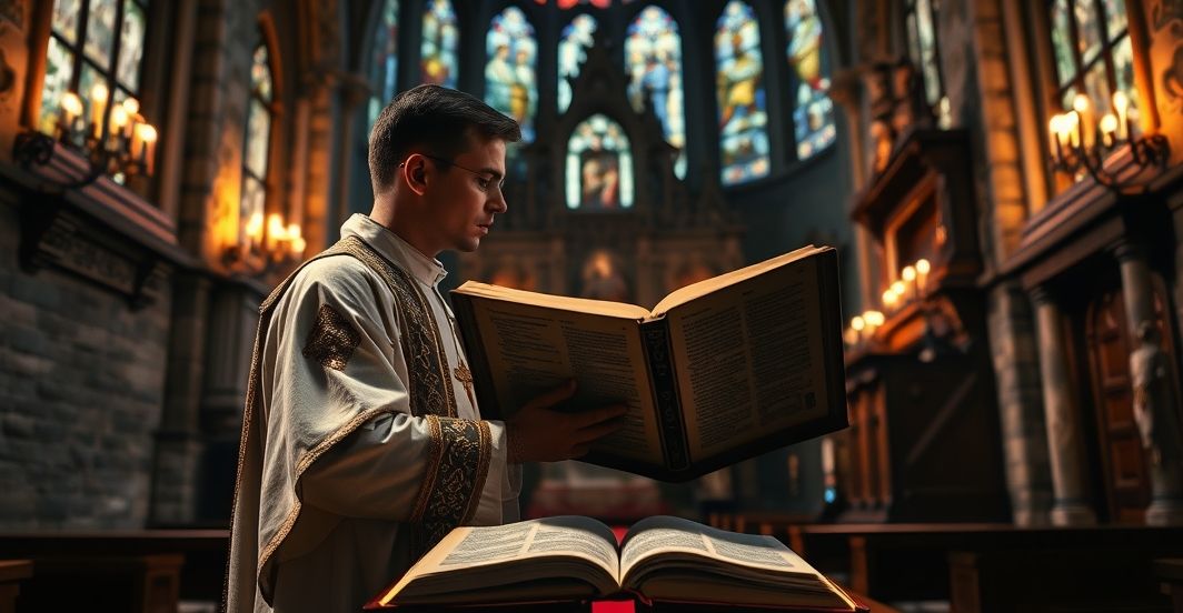 Obraz tradycyjnej katolickiej Eucharystii i modlitwy w kościele Tradycyjny katolicki duchowy obraz kościoła z kapłanem czytającym Pismo Święte, wywołujący emocje i szacunek