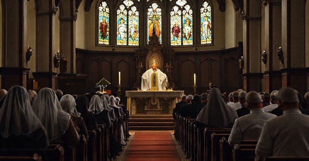Tradycyjny katolicki kościół z mszą świętą w tradycyjnym stylu, z kapłanem w sutannie i wiernymi w modlitwie