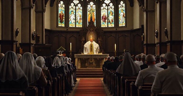 Tradycyjny katolicki kościół z mszą świętą w tradycyjnym stylu, z kapłanem w sutannie i wiernymi w modlitwie