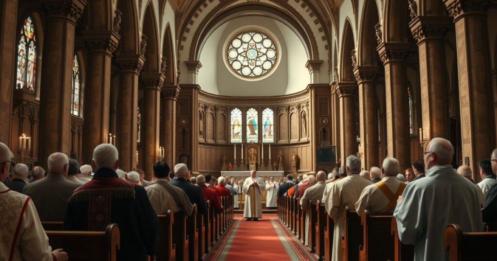 Obraz realistycznej, pełnej skupienia sceny w tradycyjnym katolickim kościele z kapłanami w liturgicznych szatach, symbolizujący wierność wierze wobec zagrożeń ideologicznych
