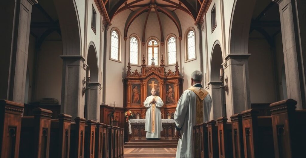 Obraz w stylu katolickim ukazujący kapłana w tradycyjnym stroju przy ołtarzu w świątyni, symbolizujący autentyczną wiarę i hierarchię Kościoła