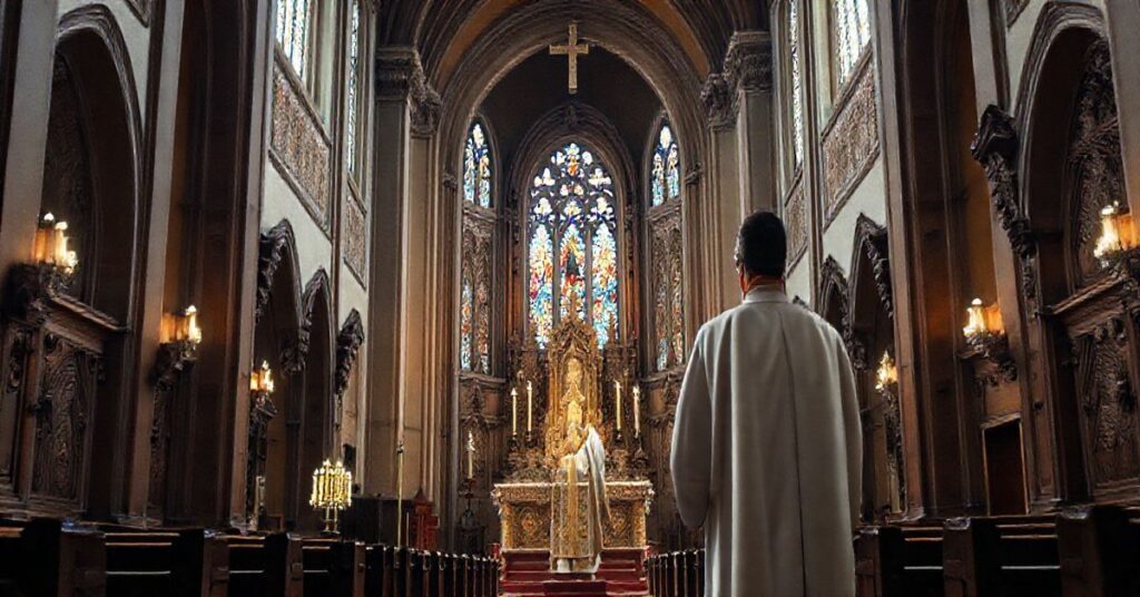 Obraz przedstawiający tradycyjną katolicką świątynię z kapłanem w liturgicznych szatach, podkreślający powagę, wierność naukom Kościoła i krytykę modernistycznych wpływów