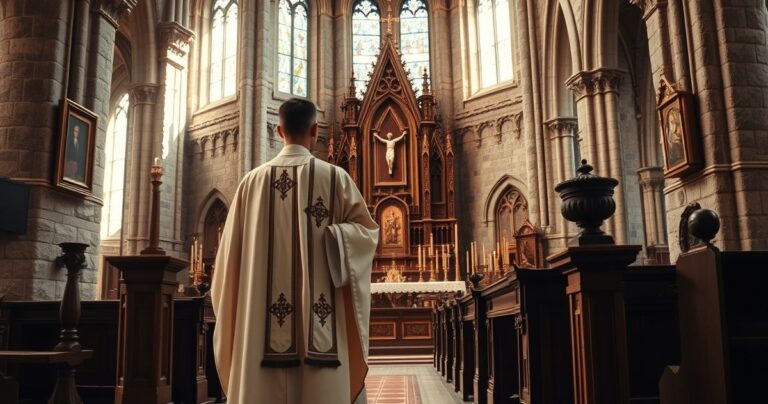 Reverentny obraz tradycyjnego katolickiego wnętrza kościoła z kapłanem w liturgicznych szatach, trzymającym krucyfiks przed ołtarzem, podkreślający duchowość i wiarę.