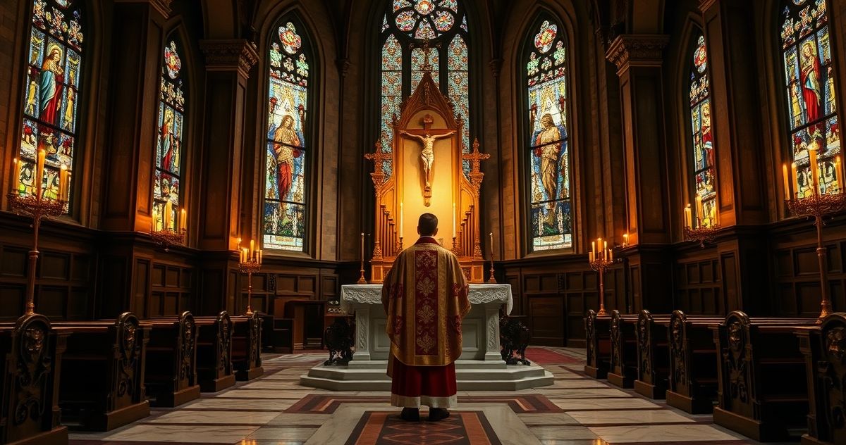 Fotografia tradycyjnego katolickiego wnętrza kościoła z kapłanem modlącym się przy ołtarzu, ukazująca duchową powagę i wiarę.