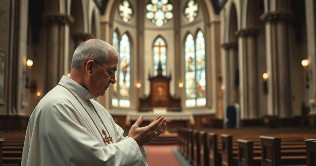 Sanktuarium katolickie z kapłanem w modlitwie, odzwierciedlające tradycyjną i prawdziwą Eucharystię, bez nowoczesnych deformacji