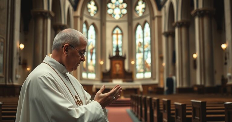 Sanktuarium katolickie z kapłanem w modlitwie, odzwierciedlające tradycyjną i prawdziwą Eucharystię, bez nowoczesnych deformacji