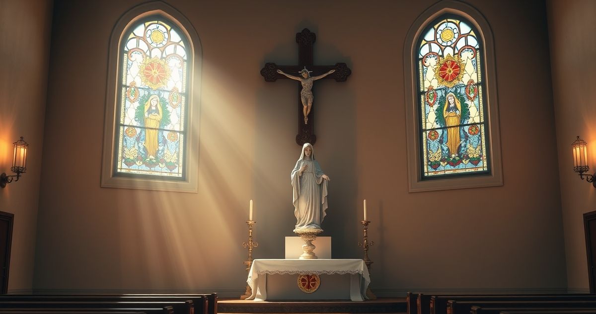 Fotografia przedstawiająca tradycyjny katolicki kościół z sakralnymi elementami, symbolizujący wiarę i pokój w kontekście obrony prawdy katolickiej.