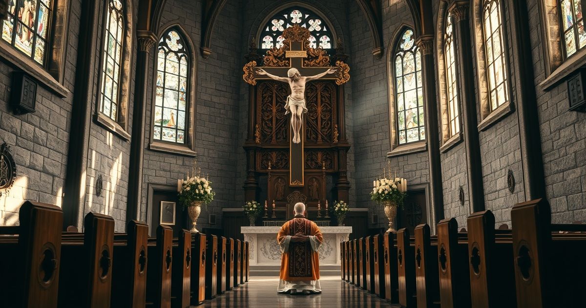 Realistyczny obraz katolickiego kościoła z kapłanem w tradycyjnym stroju, modlącym się przed krzyżem, w spokojnym oświetleniu, podkreślający powrót do tradycji i autorytetu Kościoła.