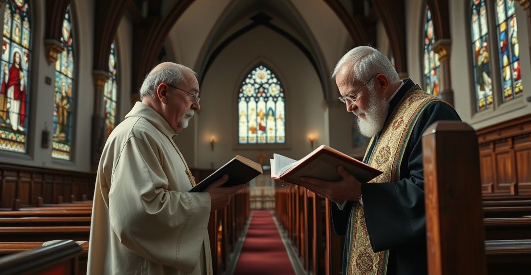 Starożytny katolicki ksiądz w kościele, modlący się w refleksyjnym, pełnym szacunku otoczeniu, symbolizujący prawdziwą wiarę katolicką kontra modernistyczne błędy