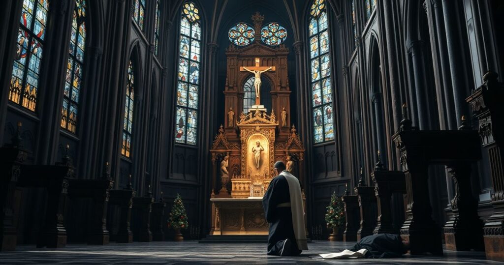Catholic ksiądz modli się w starym kościele podczas pogrzebu, wyraz głębokiego skupienia i szacunku dla prawdziwego nauczania Kościoła