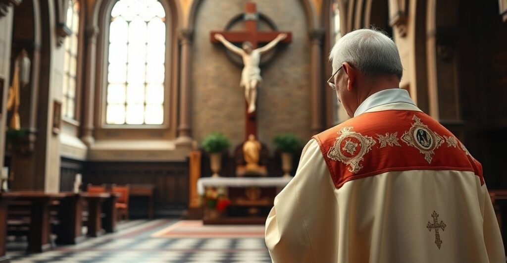 Konserwatywny katolicki ksiądz modlący się przed krzyżem w historycznym kościele, symbolizujący autentyczną wiarę i sprzeciw wobec ekumenicznych kontrowersji