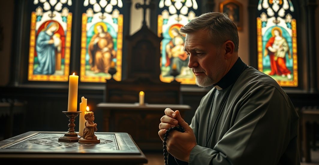 Tradycyjny katolicki książ, modlący się w starym koście, przed drewnianym ołtarzem z figurką dziecka. Scena podkreślaąca powagę, duchowy ból i obowązek obrony życia z tradycyjnego punktu widzenia.