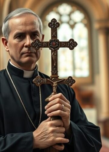 Tradycyjny katolicki duch w obronie prawdziwej wiary przeciw modernizmowi Kardynał w tradycyjnym stroju katolickim z krucyfiksem, w surowym wnętrzu kościoła, symbolizujący obronę katolickiej wiary przed modernistyczną farsą