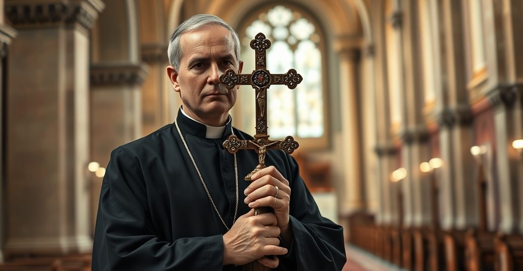 Tradycyjny katolicki duch w obronie prawdziwej wiary przeciw modernizmowi Kardynał w tradycyjnym stroju katolickim z krucyfiksem, w surowym wnętrzu kościoła, symbolizujący obronę katolickiej wiary przed modernistyczną farsą