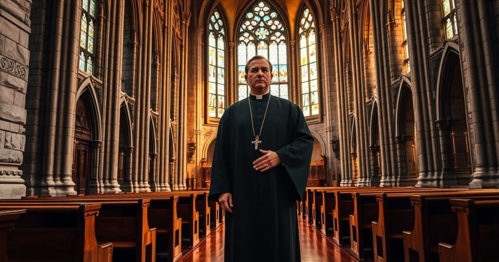 Tradycyjny katolicki ksiądz w kościele, głęboka wiara, tradycja, powaga, duchowa refleksja