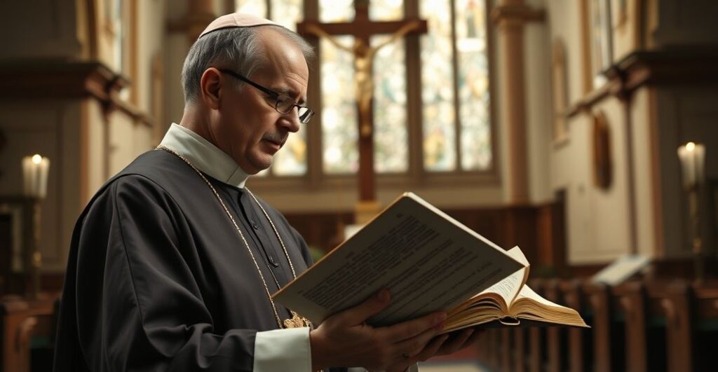Katolicki ksiądz w kościele czyta Biblię, refleksja nad nauką o wojnie sprawiedliwej w tradycyjnej katolickiej atmosferze