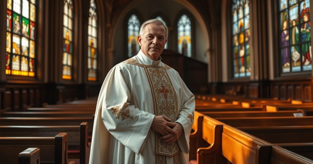 Tradycyjny katolicki ksiądz w strojach liturgicznych w klasycznym kościele, symbolizujący wierną wiarę i powagę wobec współczesnych wyzwań Kościoła