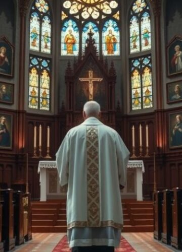 Tradycyjny katolicki ksiądz w świątyni refleksja na temat wiary Szczery, tradycyjny katolicki ksiądz w świątyni, trzymający krucyfiks, refleksja nad prawdziwą wiarą i odrzuceniem posoborowych herezji
