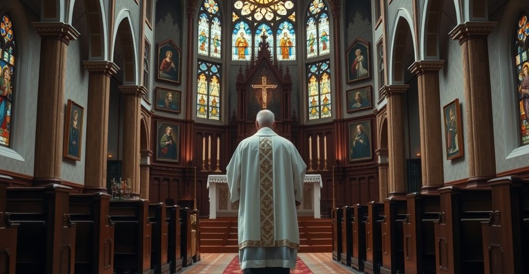 Szczery, tradycyjny katolicki ksiądz w świątyni, trzymający krucyfiks, refleksja nad prawdziwą wiarą i odrzuceniem posoborowych herezji