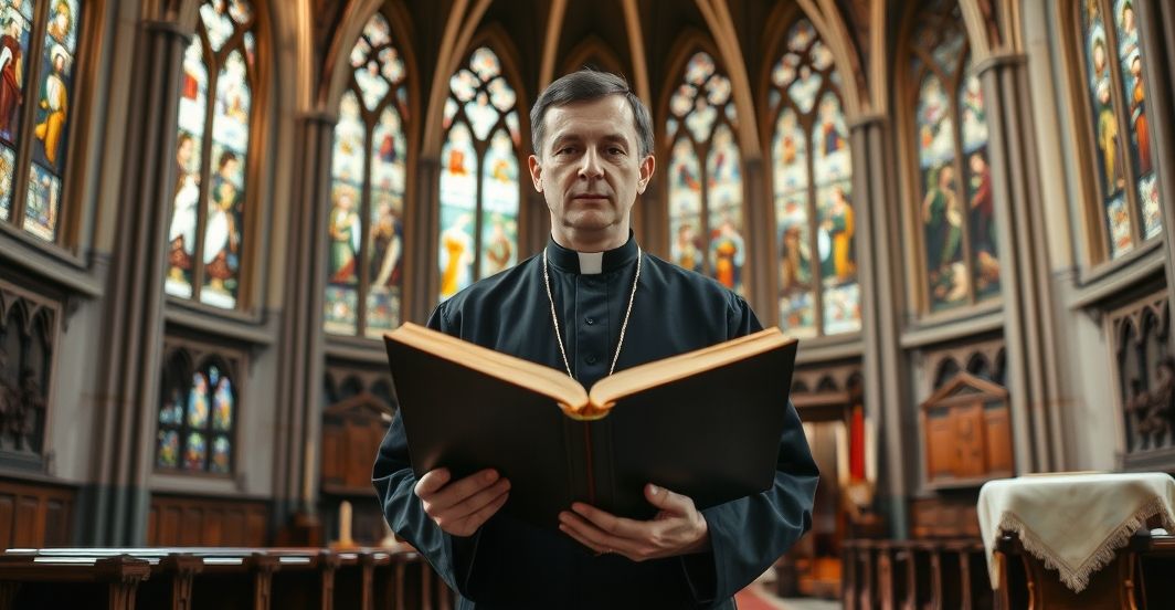 Ksiądz katolicki w tradycyjnym stroju w kościele, trzymający Biblię, symbol autentycznej katolickiej wiary i tradycji