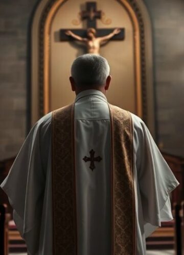 Tradycyjny katolicki ksiądz w refleksji nad moralnością i modernizmem Szalony katolicki ksiądz w sutannie w kościele, refleksja nad moralnością i krytyka modernizmu, poważny i tradycyjny obraz religijny.