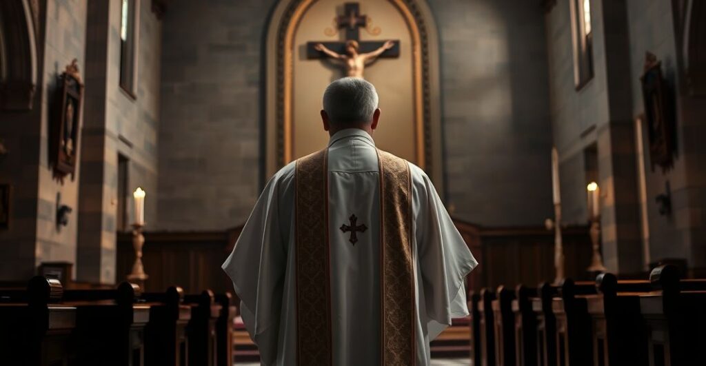Szalony katolicki ksiądz w sutannie w kościele, refleksja nad moralnością i krytyka modernizmu, poważny i tradycyjny obraz religijny.