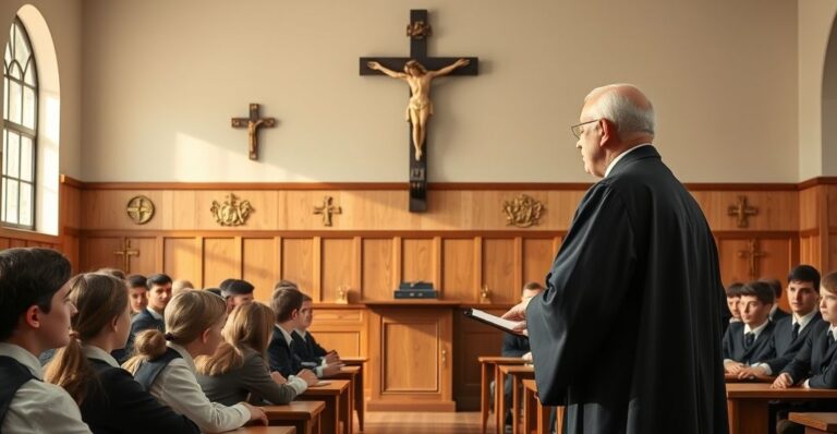 Tradycyjny katolicki ksiądz w klasie, wyraz troski o wiarę, uczniowie słuchający z powagą, symbolika katolicka, scena edukacji w duchu tradycji