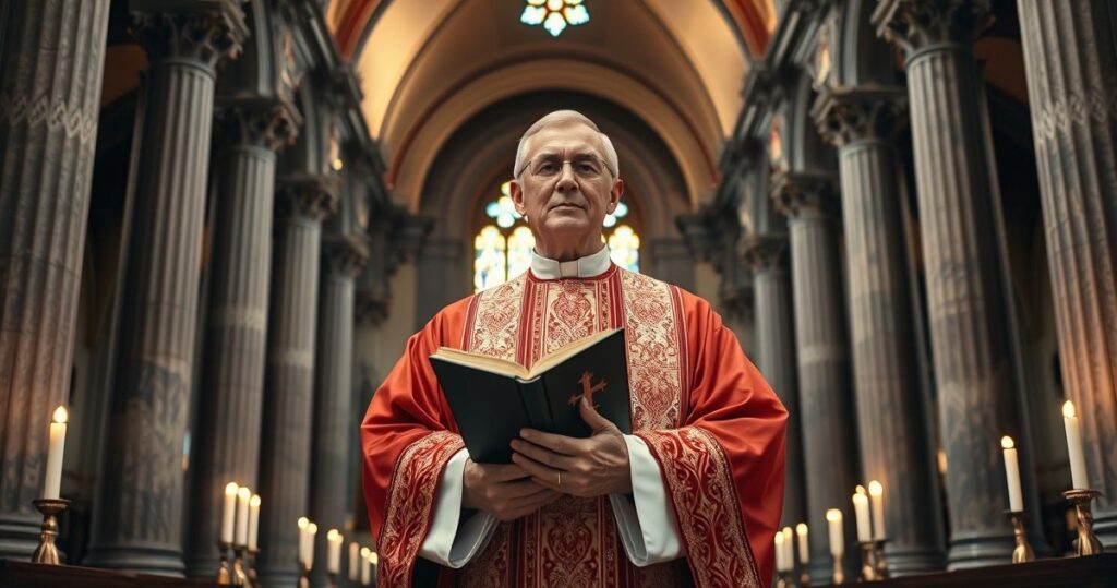Tradycyjny katolicki ksiądz w pełnym ornacie liturgicznym w bogato zdobionym wnętrzu kościoła, trzymający Rzymski Mszał, symbolizujący prymat Boga i wierność tradycji katolickiej.