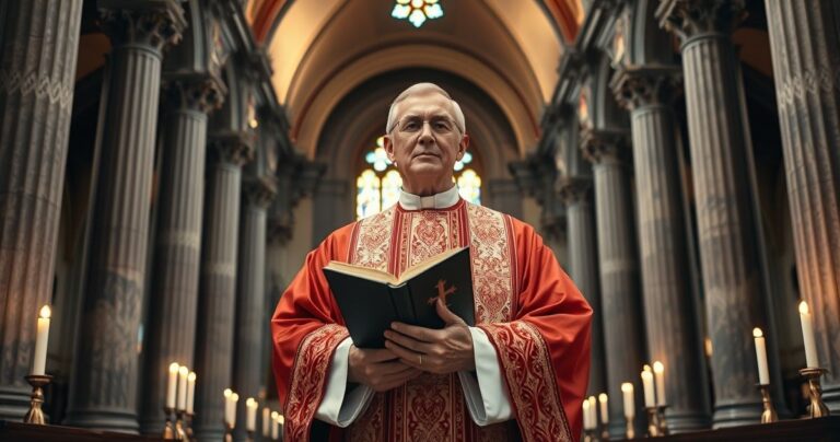 Tradycyjny katolicki ksiądz w pełnym ornacie liturgicznym w bogato zdobionym wnętrzu kościoła, trzymający Rzymski Mszał, symbolizujący prymat Boga i wierność tradycji katolickiej.