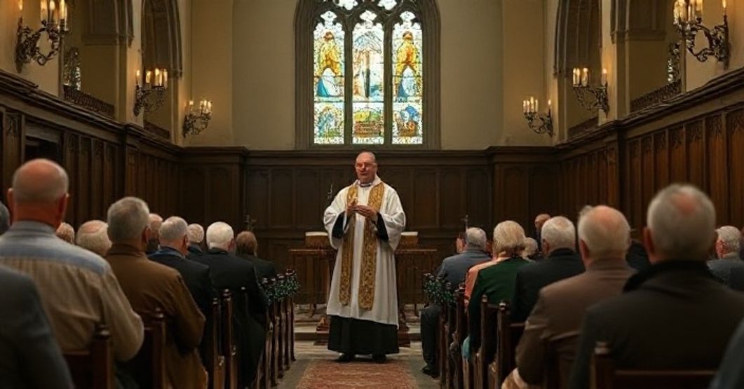 Zdjęcie realistycznej, tradycyjnej katolickiej świątyni z starszym księdzem mówiącym do zgromadzenia, ukazujące krytykę nowoczesnej teologii i zaniedbania sakramentów