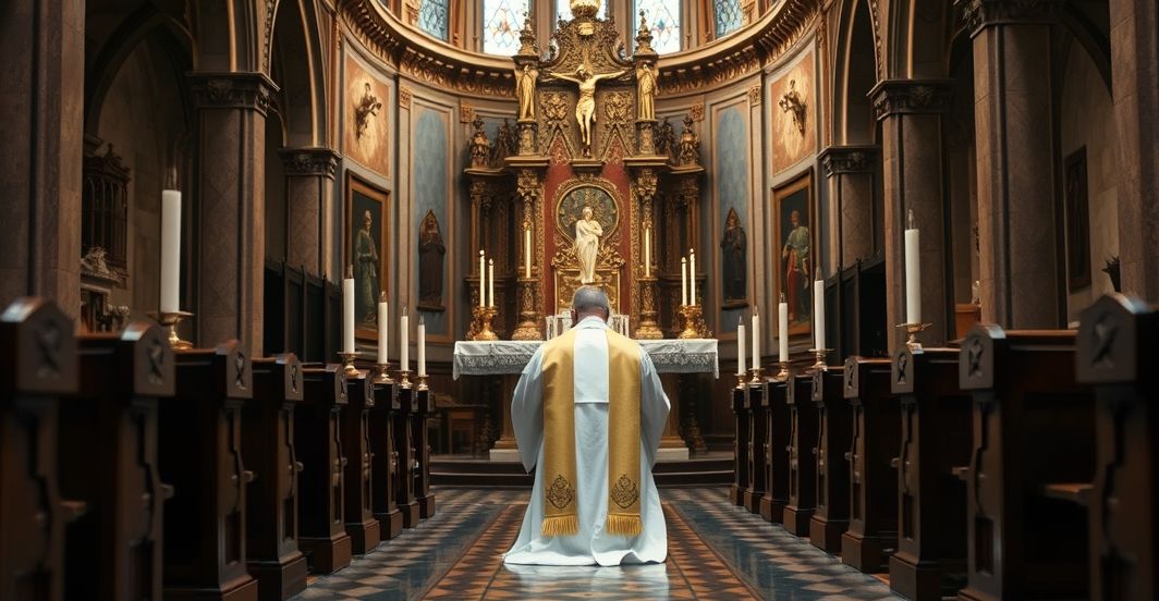 Klasztor katolicki z kapłanem w modlitwie przed ołtarzem Reverent Catholic priest praying in church interior, symbolizing traditional faith and devotion