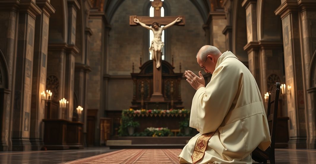 Tradycyjny katolicki ksiądz w modlitwie w świątyni Tradycyjny katolicki ksiądz modlący się w głębokiej, historycznej świątyni z krucyfiksem, ukazujący wierność wierze i powagę sytuacji