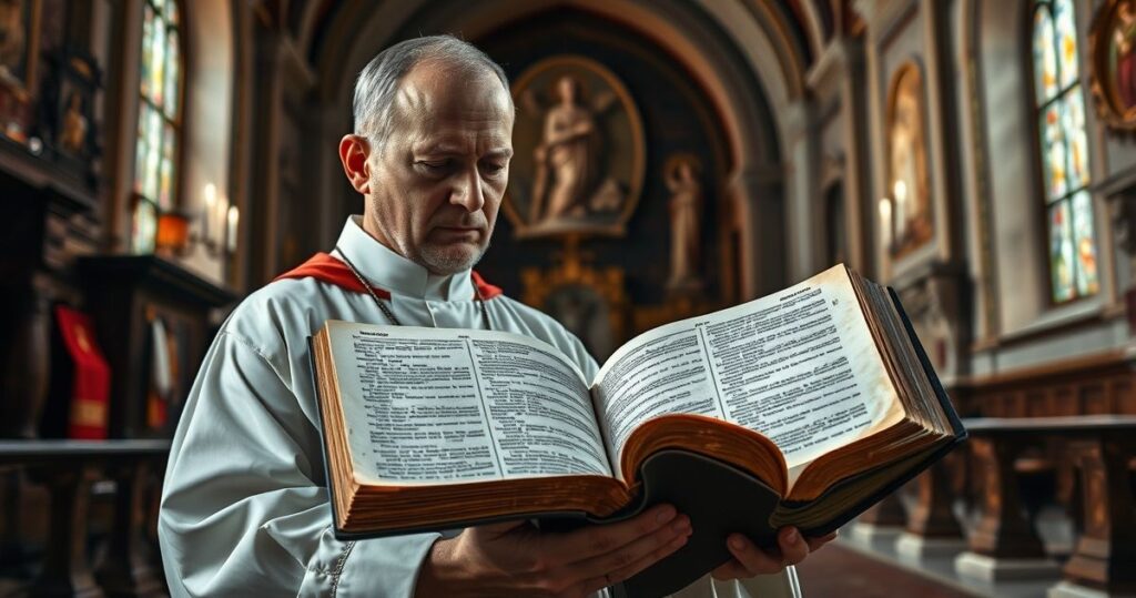 Tradycyjny katolicki ksiądz czytający starożytną Biblię w kościele, symbolizujący integralną wiarę katolicką i nauczanie św. Pawła o niewolnictwie