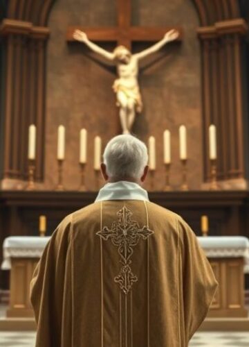 Kardynał w tradycyjnej liturgii katolickiej z symbolem Króla Chrystusa Kardynał w tradycyjnej liturgii katolickiej przed ołtarzem, symbolizujący autentyczną władzę Chrystusa Króla, w otoczeniu świętych i krzyża, oddający powagę i pobożność.