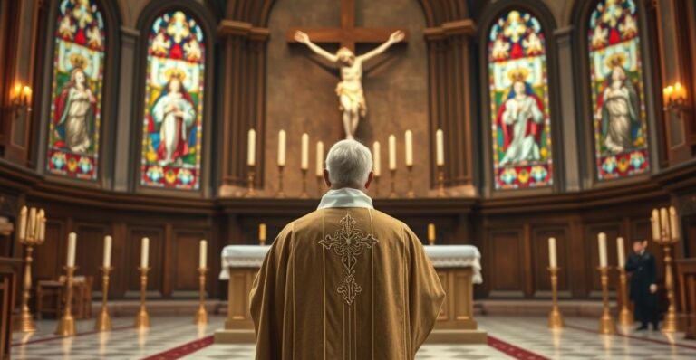 Kardynał w tradycyjnej liturgii katolickiej przed ołtarzem, symbolizujący autentyczną władzę Chrystusa Króla, w otoczeniu świętych i krzyża, oddający powagę i pobożność.