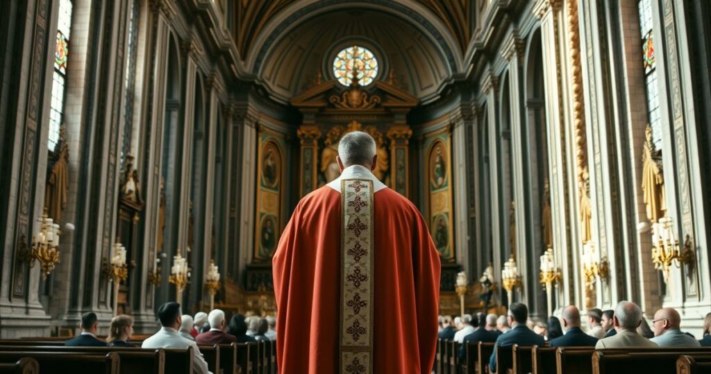 Klasztor katolicki z kaplicą, ksiądz w liturgicznych szatach, wierni, powaga i tradycja w obliczu współczesnych sporów w Kościele